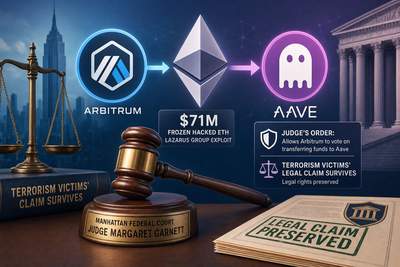 Diagram showing frozen ETH moving from Arbitrum to Aave wallet with legal claim overlay