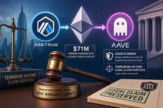 Diagram showing frozen ETH moving from Arbitrum to Aave wallet with legal claim overlay