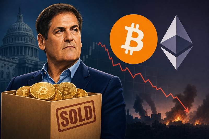 Mark Cuban with Bitcoin and gold comparison chart showing divergent performance