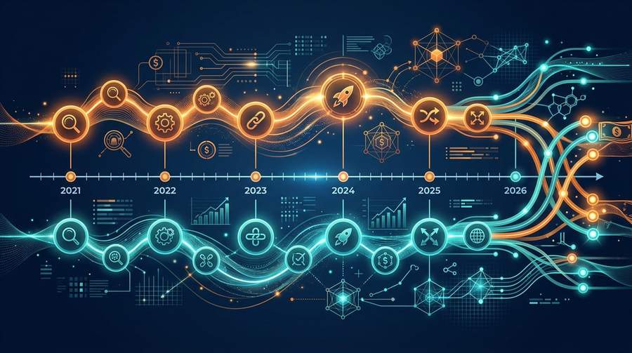 Timeline comparison of Visa and Mastercard&rsquo;s stablecoin adoption strategies from 2021 to 2026