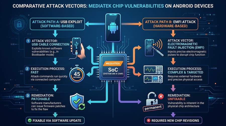Diagram showing MediaTek chip vulnerability attack vectors comparing USB exploit and EMFI attack on Android devices