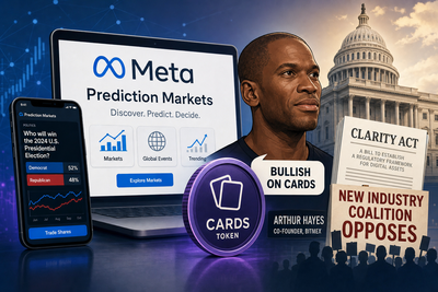 Meta logo alongside prediction market interface showing CARDS token and regulatory documents