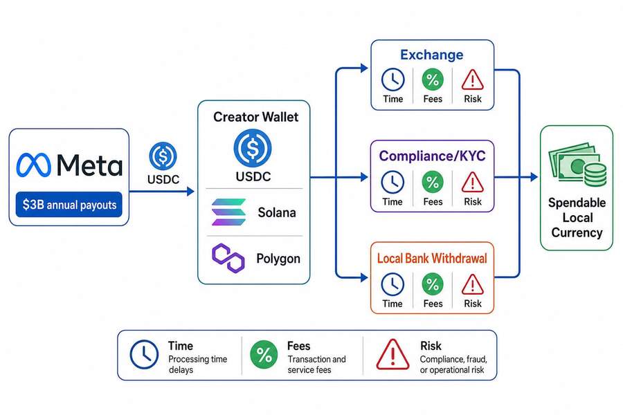 Diagram showing Meta USDC payout flow from disbursement through wallet, exchange, compliance, and local bank withdrawal steps