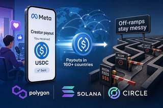 Meta logo with USDC stablecoin flowing to global creator icons, showing fragmented off-ramp pathways