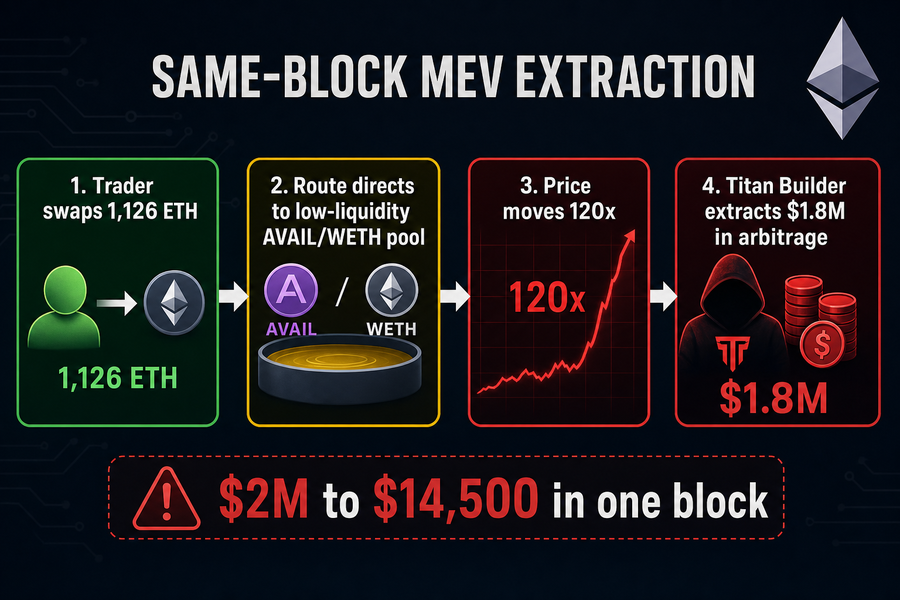 Diagram showing the four-step flow of how MEV extraction turned a $2 million Ethereum swap into a $14,500 loss through low-liquidity pool routing