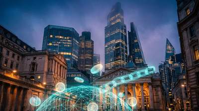 Monument Bank headquarters with digital tokenization graphics overlay