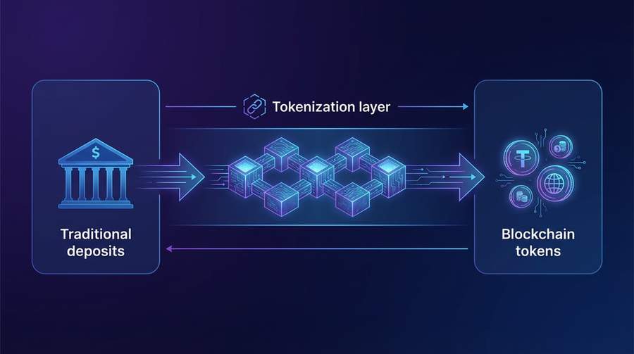 Diagram showing Monument Bank&rsquo;s deposit tokenization process from traditional deposits to blockchain tokens