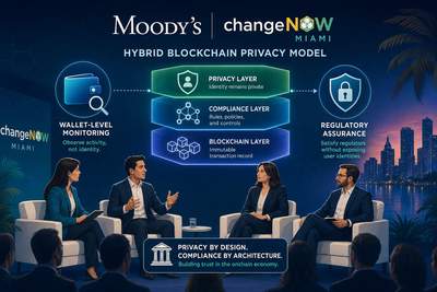 Diagram showing hybrid blockchain architecture with private and public layers for compliance and privacy