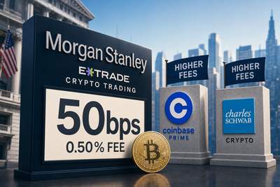 Bar chart comparing crypto trading fees across Morgan Stanley, Schwab, Coinbase, and Robinhood