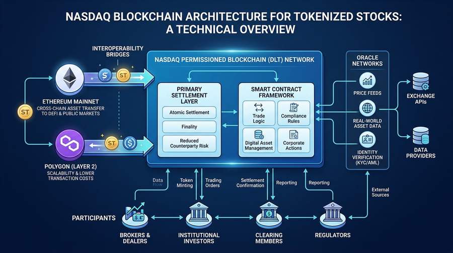 Technical diagram of Nasdaq&rsquo;s blockchain architecture for tokenized stocks