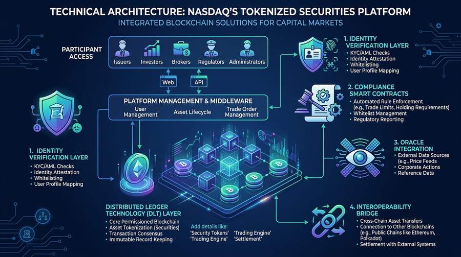 Technical architecture diagram of Nasdaq&rsquo;s tokenized securities platform showing blockchain integration layers