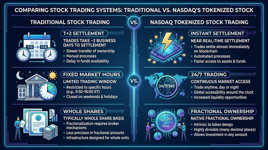 Comparison infographic showing traditional stock trading versus Nasdaq&rsquo;s new tokenized stock trading system
