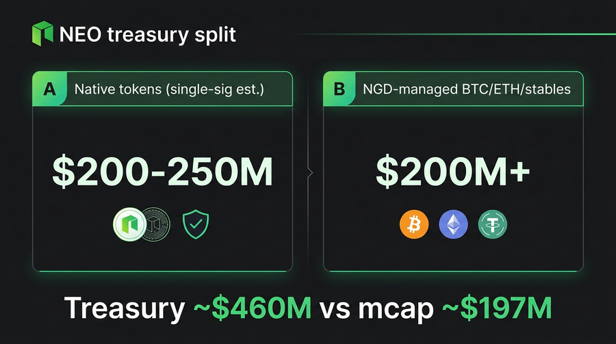 Illustrative split between native-token pile (single-sig) and NGD-managed BTC/ETH/stables (from FY2025 disclosures)