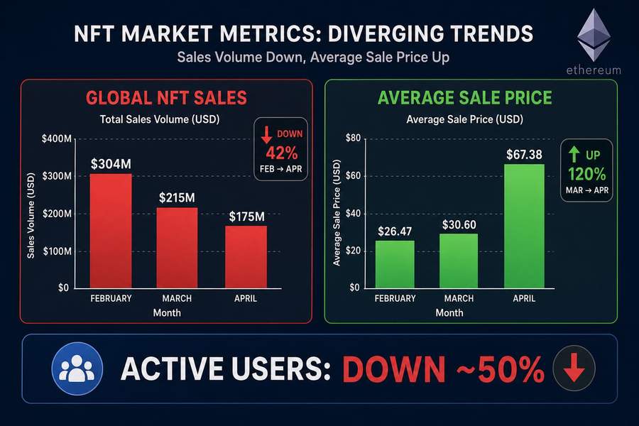 Infographic showing NFT market metrics with global sales falling from $304M to $175M while average sale prices doubled from $30.60 to $67.38