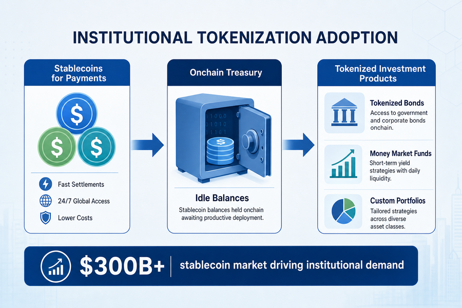 Diagram showing institutional adoption flow from stablecoin payments to onchain treasury to tokenized investment products