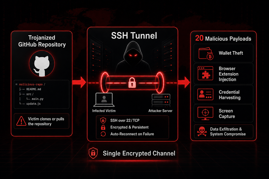 Diagram showing OkoBot malware infection chain from GitHub repository through SSH tunnel to 20 malicious payloads targeting crypto wallets