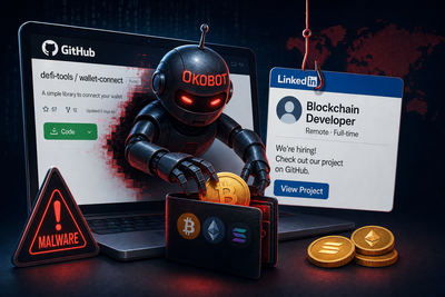 Diagram showing OkoBot malware infection chain targeting cryptocurrency wallets through GitHub and LinkedIn