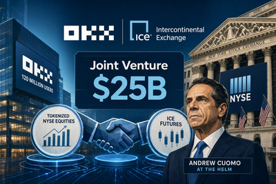 OKX and NYSE logos connected by blockchain infrastructure representing their joint venture bridge between traditional and crypto markets