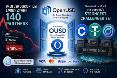 USDC coin facing a rising OUSD coin with corporate partner logos in the background