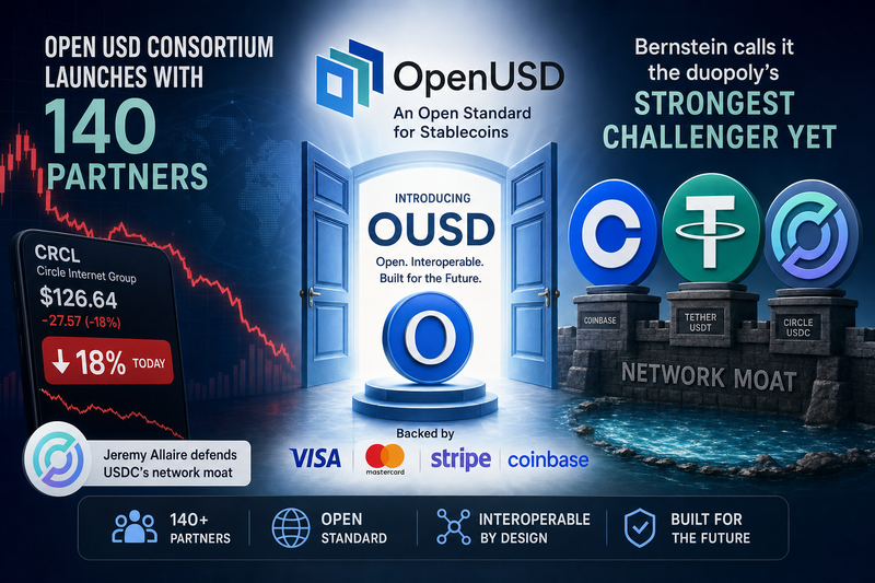 USDC coin facing a rising OUSD coin with corporate partner logos in the background