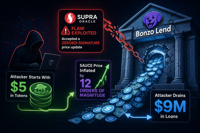 Diagram showing oracle exploit flow from SAUCE deposit to $9M borrowed assets on Bonzo Lend