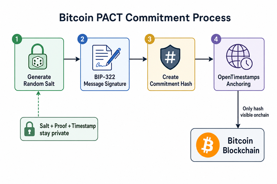 Diagram showing the four-step PACT commitment process from salt generation to blockchain anchoring