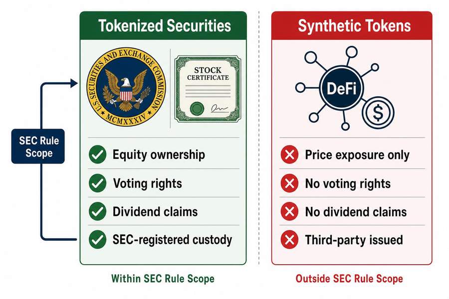 Diagram comparing tokenized securities with full ownership rights versus synthetic tokens with price exposure only