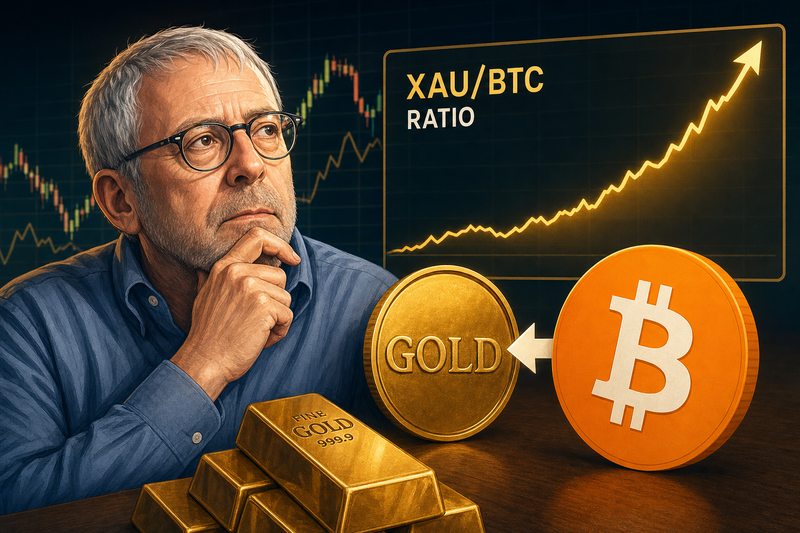 Gold bars and Bitcoin logo on opposing sides of a chart showing XAU/BTC ratio turning upward