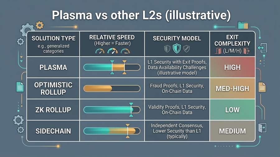 Comparison chart of Plasma scaling solutions showing transaction speeds and security features