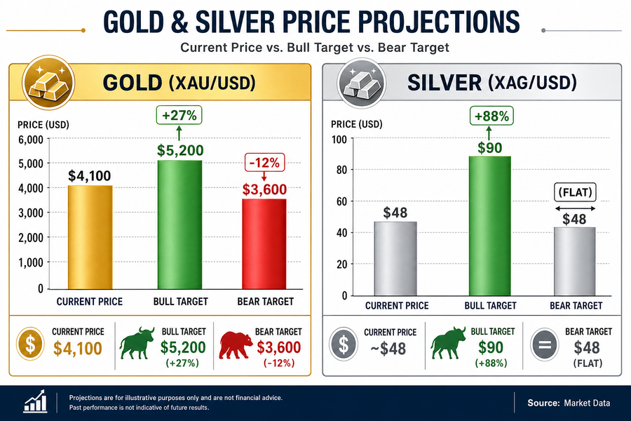 Chart comparing gold and silver current prices with Meta AI bull and bear case targets for end of 2026