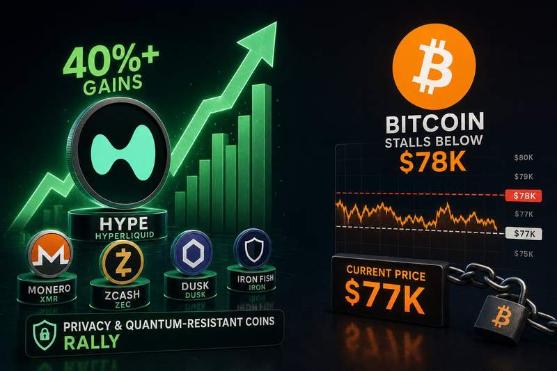 Chart showing privacy coins and quantum-resistant tokens outperforming Bitcoin in May 2026