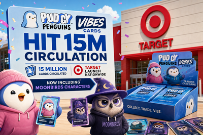 Pudgy Penguins trading cards displayed in Target retail environment showing Vibes Series 3 packaging