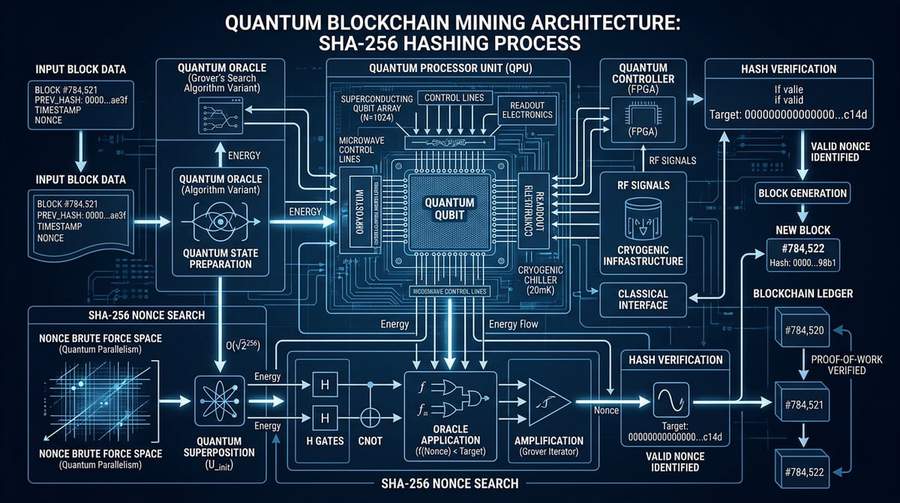 Comparison of traditional Bitcoin mining hardware and theoretical quantum mining setup