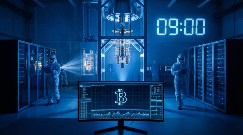 Futuristic quantum computer with glowing qubits facing off against Bitcoin logo in digital space