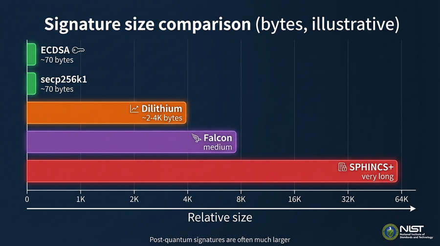 Chart comparing signature sizes between current cryptocurrencies and post-quantum alternatives
