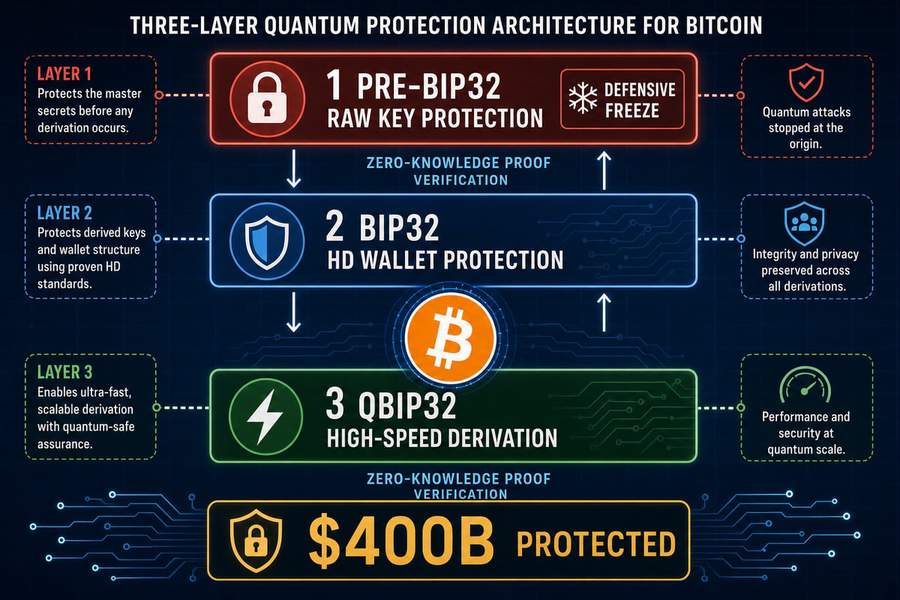 Three-layer diagram showing AmericanFortress quantum protection architecture for Bitcoin wallets