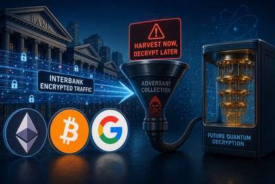 Diagram showing encrypted data being harvested from crypto networks for future quantum decryption