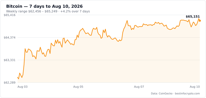 Bitcoin 7-day price chart, $62,456 to $65,249 weekly range, +4.2%