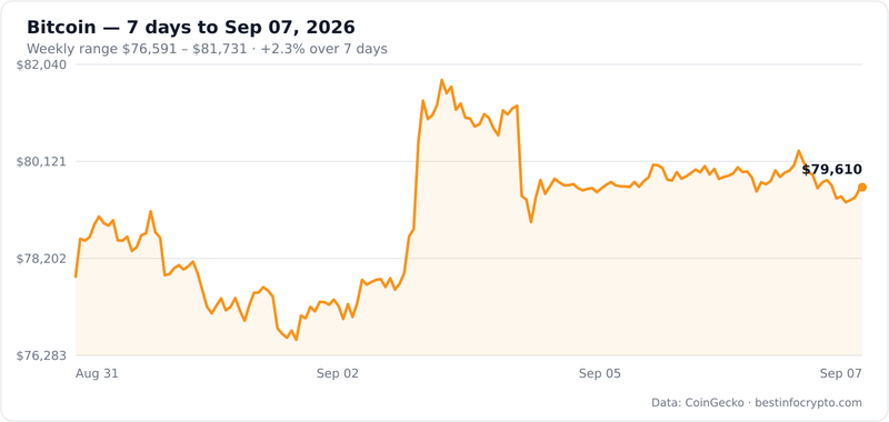 Bitcoin 7-day price chart, $76,591 to $81,731 weekly range, +2.3%