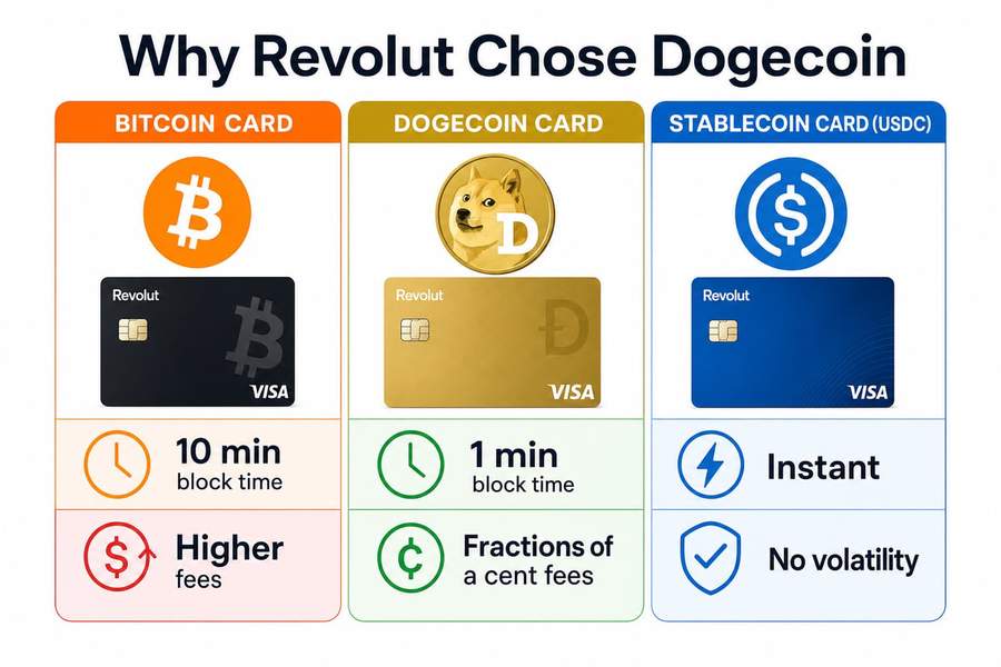 Comparison infographic showing Bitcoin, Dogecoin, and stablecoin payment card characteristics
