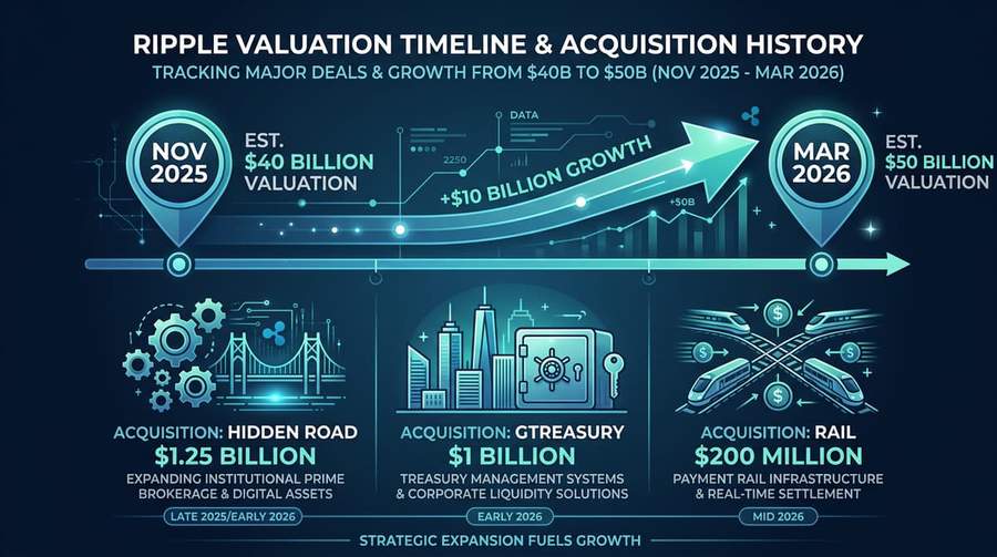 Ripple valuation timeline and acquisition history showing growth from $40B to $50B with major deals