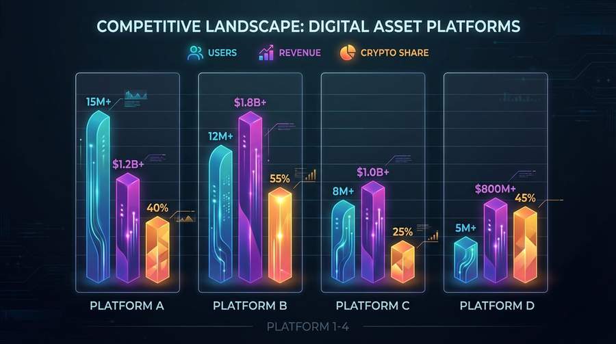 Competitive comparison chart showing Robinhood vs Charles Schwab, E-Trade, and Coinbase across key business metrics