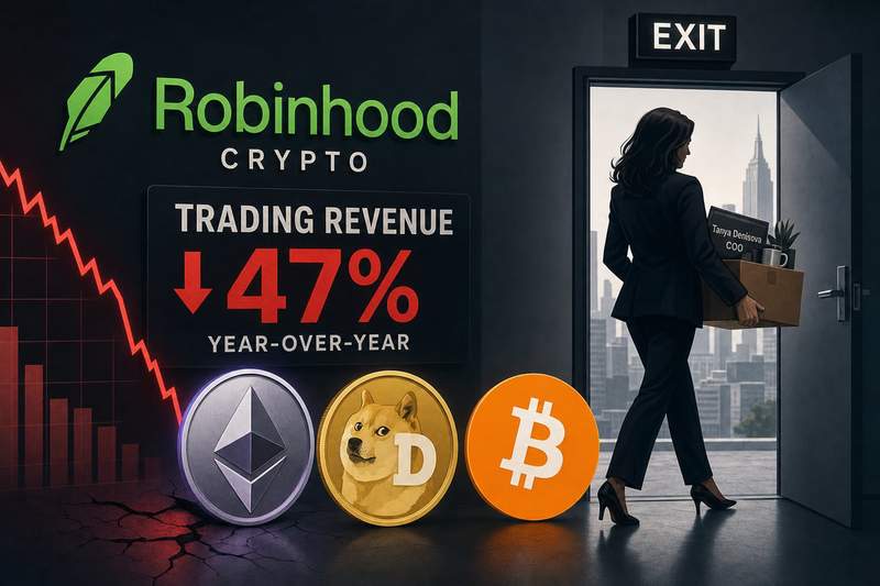 Robinhood logo with declining revenue chart showing 47% drop in crypto trading income