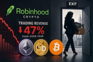 Robinhood logo with declining revenue chart showing 47% drop in crypto trading income