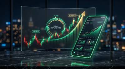 Robinhood logo with stock chart showing downward trend and buyback announcement