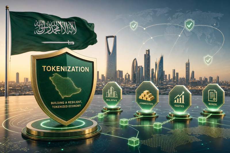 Saudi Arabia national imagery with digital tokenization elements and financial infrastructure symbols