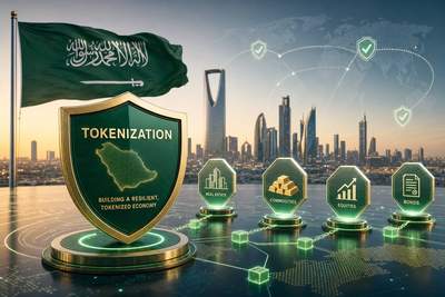 Saudi Arabia national imagery with digital tokenization elements and financial infrastructure symbols