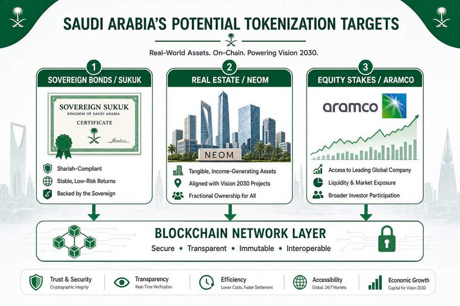 Diagram showing Saudi Arabia&rsquo;s potential tokenization targets including sovereign bonds, real estate, and equity stakes flowing to blockchain infrastructure