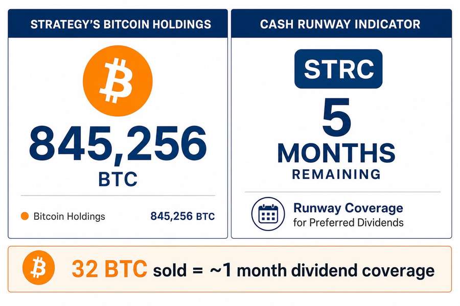 Infographic comparing Strategy&rsquo;s 845,256 BTC holdings against its approximately 5 months of remaining cash runway for preferred dividend payments