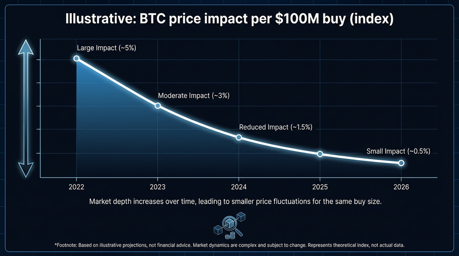 Chart showing declining market impact of MicroStrategy Bitcoin purchases from 2020 to 2026